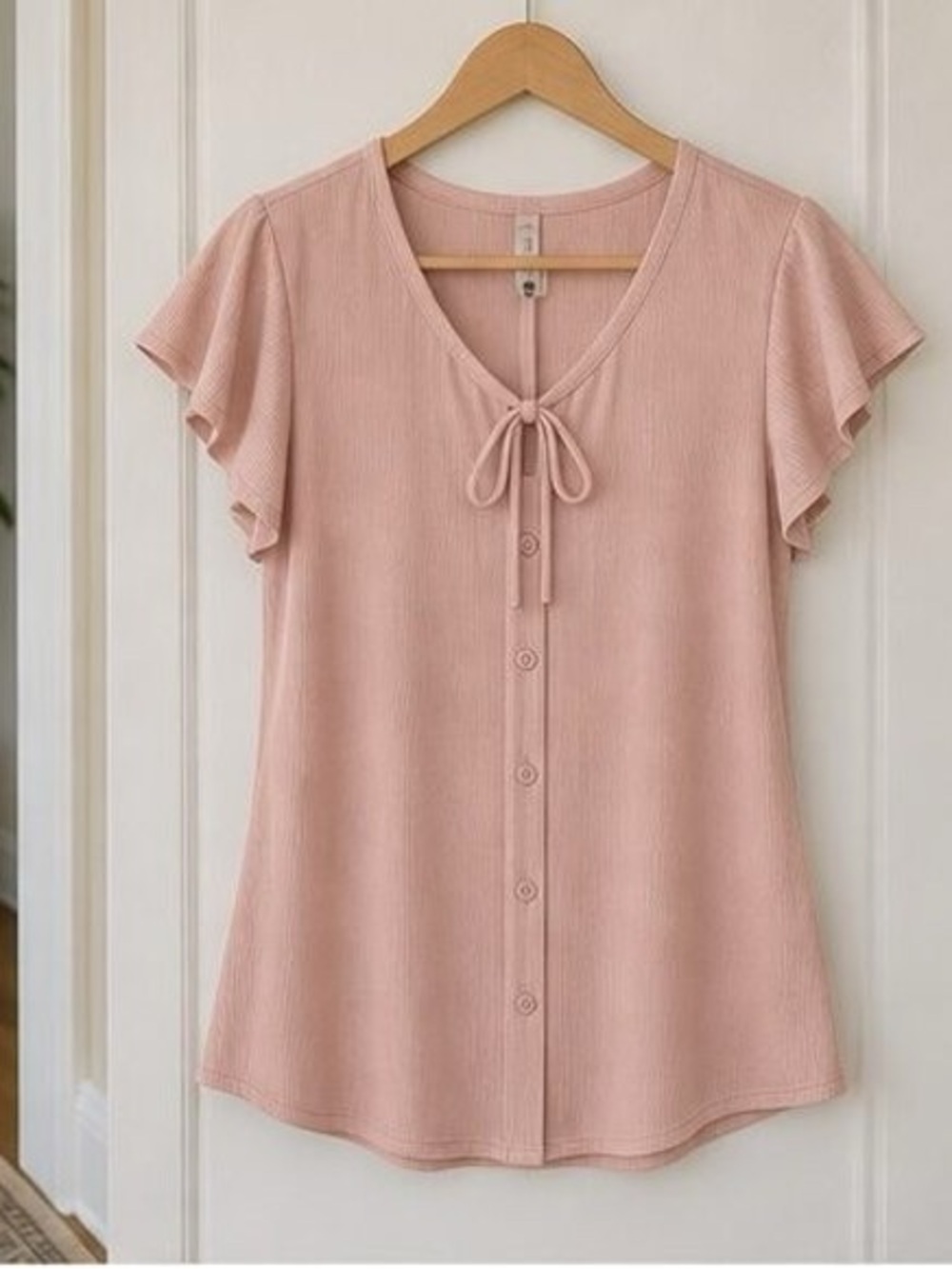 Women's Blush Pink Tie-Neck Button Front Top